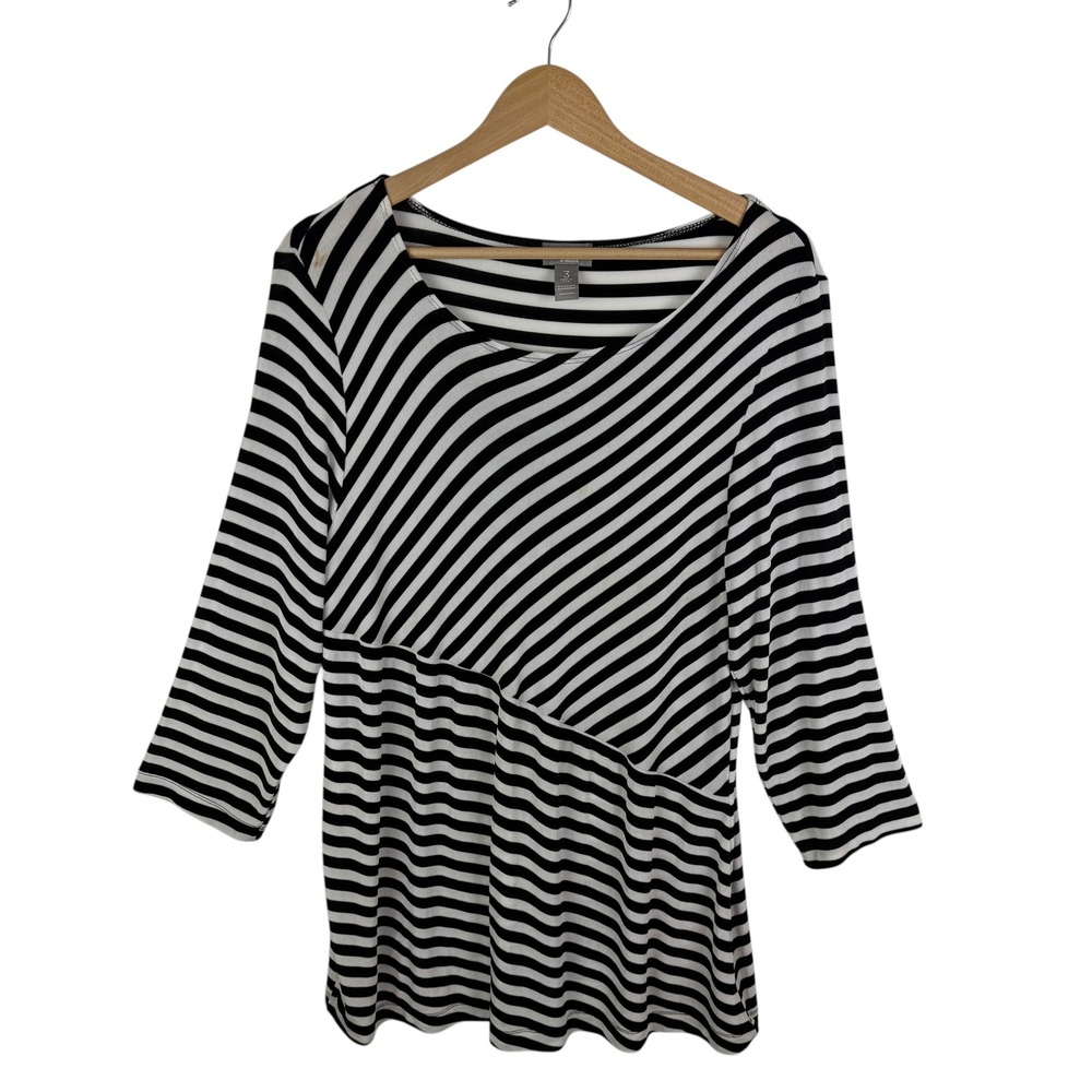 Chicos‎ Travelers Black Striped Tunic Top Size 3 XL Slinky Knit Neutral Stretch